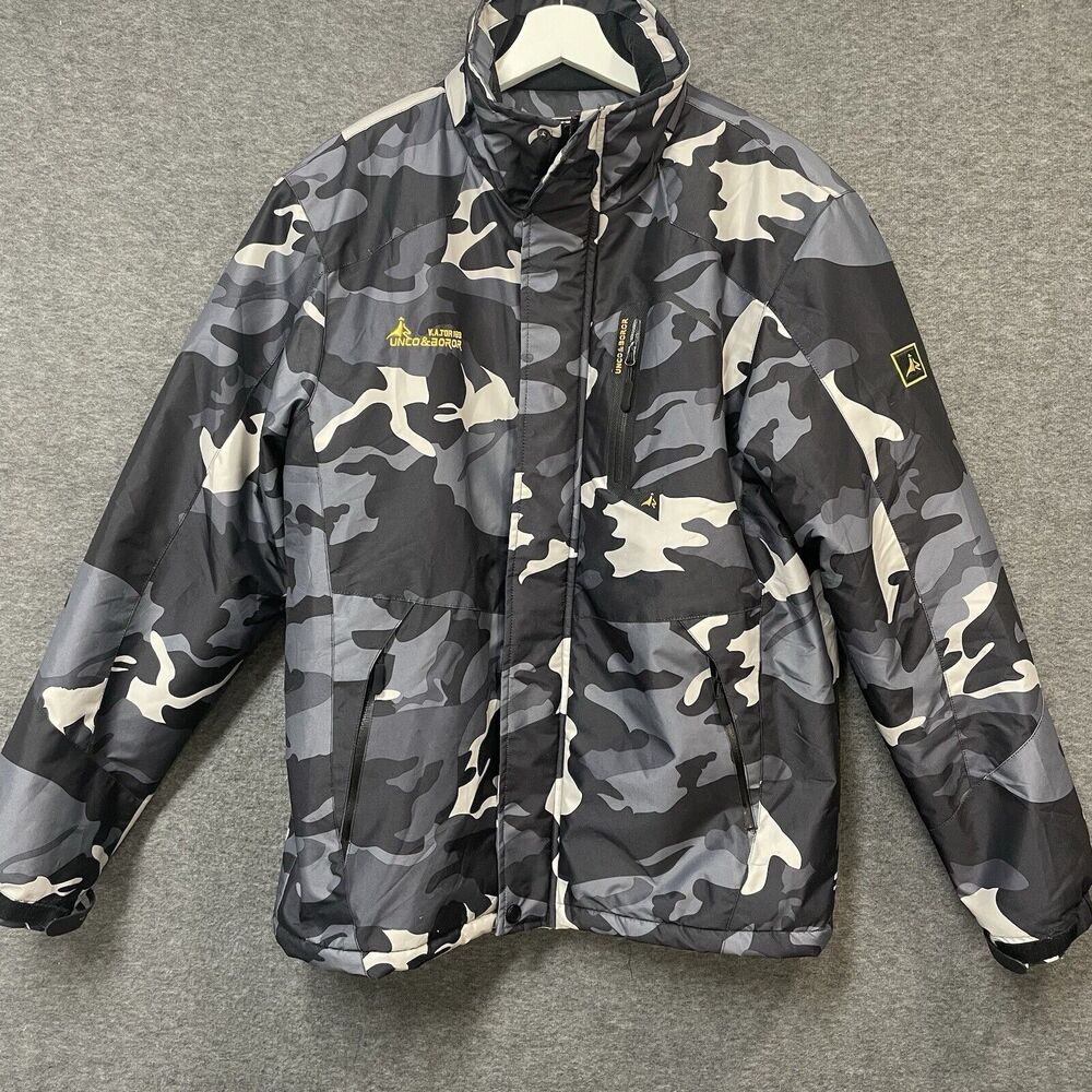 MOERDENG Mens Black & Grey Camo Waterproof Ski Jacket WARM Lined W/Pockets Sz S